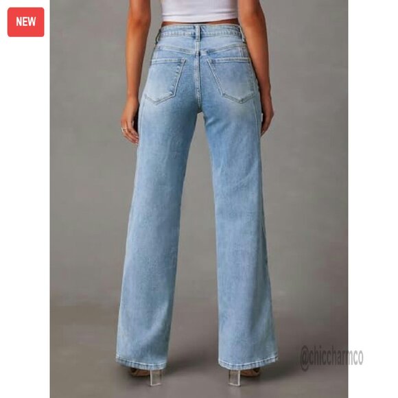 Wide Leg Jeans Mid High Waisted Stretchy Denim Pants Straight Leg Trousers - Picture 6 of 8